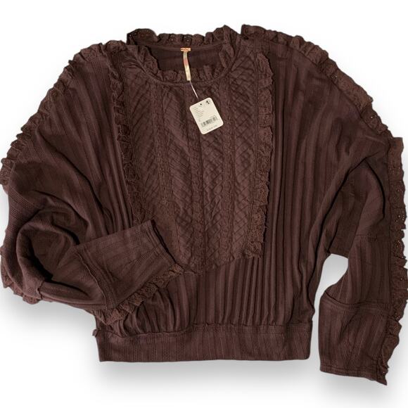 Free People Long Sleeve Top Lace Ruffle Shirt Brown Size Small More Romance - Picture 1 of 8